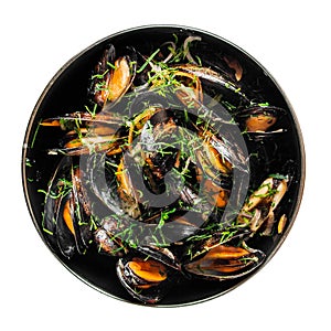 Isolated black bowl of cooked mussels