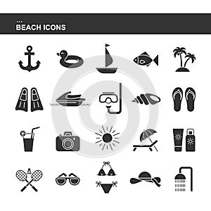 Isolated black collection icon of cocktail, badminton, flippers, hat, jet ski, sunglasses, shell, sailboat, anchor, ring rubber, p
