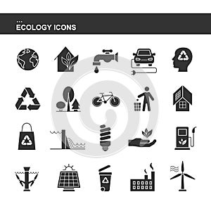 Isolated black collection icons of electric car, solar panel, bin, wind hydroelectric tidal power station, bio fluel, eco house, r