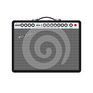 Isolated black electric guitar amplifier, cabinet equipment for musician flat logo or icon style, print for tee-shirt