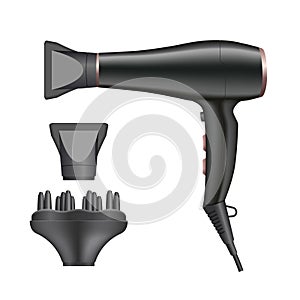 Isolated black hair dryer. Realistic 3d art of hairdresser tools. Fashion salon equipment. Hairstyler girl accessory