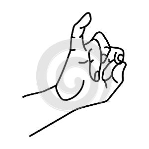 Isolated black hand line on a white background. The hand is holding something with its fingers,