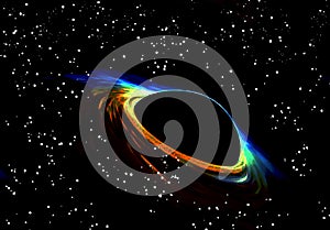 An isolated black hole on starry sky background. Colourful bright light halo aureole. photo