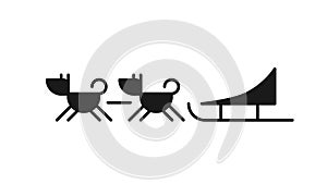 Isolated black icon of dogs with sled on white background. Silhouette of dogsledding. Logo flat design. Winter entertainment. Side