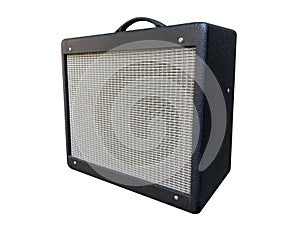 Isolated Black leather and silver vintage grill cloth of medium electric guitar amplifier combo on white background.