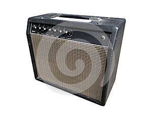 Isolated black leather vintage electric guitar British style amplifier with a black knob on white background with clipping path.