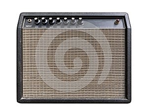 Isolated black leather vintage electric guitar US style amplifier with a black knob on white background with clipping path.