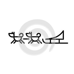 Isolated black line icon of dogs with sled on white background. Outline dogsledding. Logo flat design. Winter entertainment. Side