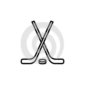 Isolated black line icon of hockey stick and puck on white background. Outline ice hockey icon. Logo flat design. Winter sport