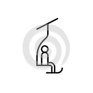 Isolated black line icon of skier on chair lift on white background. Outline chair lift. Logo flat design. Winter mountain sport