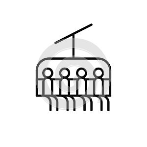 Isolated black line icon of tourists on mountain chair lift on white background. Outline chair lift. Logo flat design. Winter