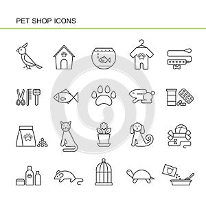 Isolated black outline collection icons of dog, cat, parrot, fish, aquarium, animal food, collar, turtle, kennel, grooming accesso