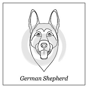 Isolated black outline head of german shepherd on white background. Line cartoon breed dog portrait.