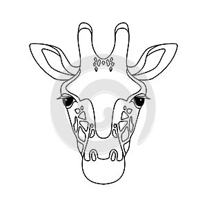 Isolated black outline head of giraffe on white background. Line cartoon face portrait.