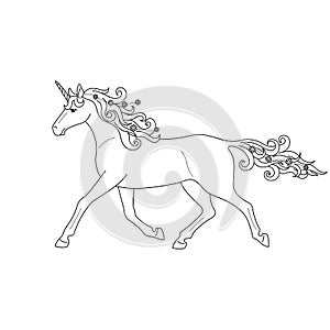 Isolated black outline running, trotting unicorn on white background. Side view. Curve lines. Page of coloring book.