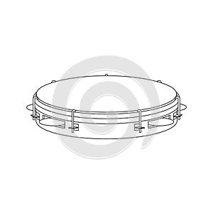 Isolated black outline tambourine, pandeiro on white background. Line brazilian musical instrument for bateria of capoeira. Side v