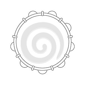 Isolated black outline tambourine, pandeiro on white background. Line brazilian musical instrument for bateria of capoeira. View f