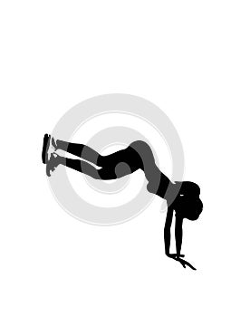 Isolated black silhouette of a woman wearing gym clothes doing a handstand from side angle