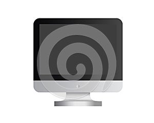 Black and silver desktop personal computer icon in front view, gray device, opened to show a dark screen