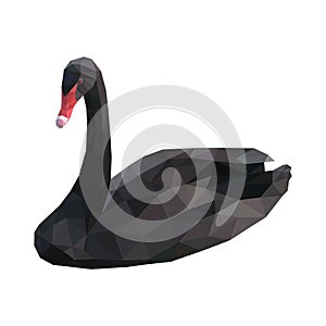 Isolated black swan composed of triangles on white background. Colored polygonal geometric hooper.