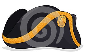 Isolated black tricorne decorated with golden laces over white background, Vector illustration