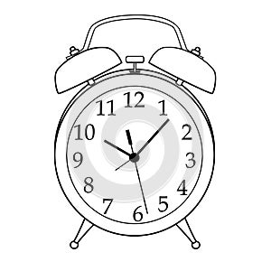 Isolated Black and White Cartoon Alarm Clock.