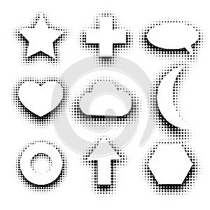 Isolated black and white color abstract dotted contour icons set, simple flat star, cross, speech bubble,heart,cloud