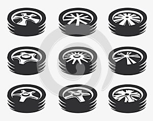 Isolated black and white color alloy wheels logo collection, car elements logotype set vector illustration.