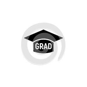 Isolated black and white color bachelor hat with word grad logo, students graduation uniform logotype, education element photo