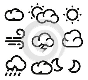 Isolated black and white color elements of weather forecast icons collection in lineart style.