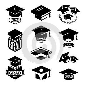 Isolated black and white color students graduation hat logo collection, mortarboard of books logotype set, university