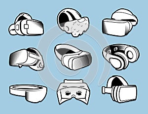 Isolated black and white color vr headset in flat style logos set on blue background.