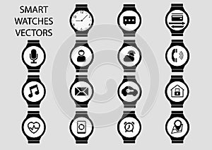 Isolated black and white icon illustrations of smart watch faces
