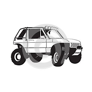 Isolated black and white off road cartoon jeep