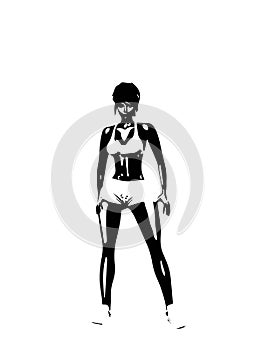 Isolated black and white silhouette of a toned sporty woman wearing gym clothes.