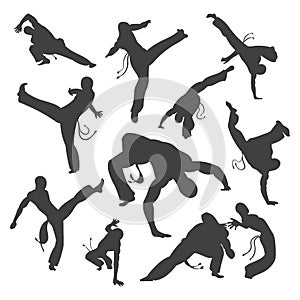 Isolated black and white silhouettes capoeira dancer Isolated on white. illustration set for design