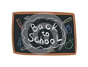 Isolated blackboard with doodles and lettering text. Back to school concept.