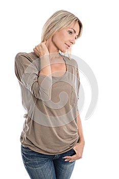 Isolated blond woman with neck pain.