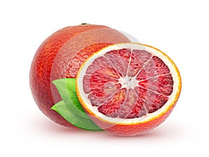 Isolated blood oranges. Whole red orange fruit and half with leaves isolated on white background with clipping path.