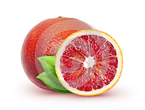 Isolated blood oranges. Whole red orange fruit and a slice with leaves isolated on white background, with clipping path.