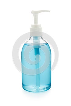 Isolated of blue alcohol pump bottle for cleaning hands to protection coronavirus covid-19 on whitebackground