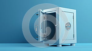 Isolated on a blue background, a 3D rendering of a bank depositary safe box with its door open