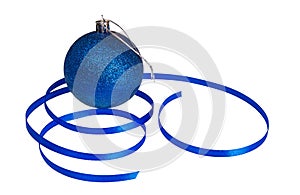 Isolated Blue Christmas Ball and Ribbon