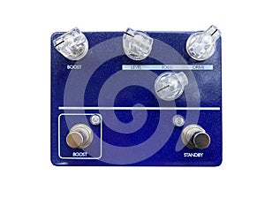 Isolated Blue dual-channel overdrive stompbox electric guitar effect for studio and stage performed on white background