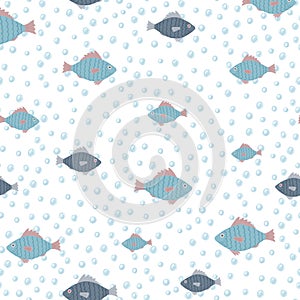 Isolated blue fish ornament random silhouettes seamless pattern. Light sea bubbles on white background. Plankton print