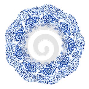 Isolated blue round floral gzhel decoration