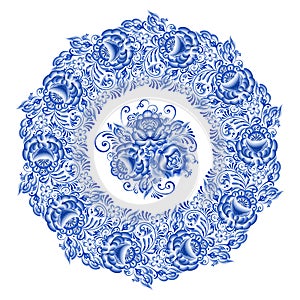 Isolated blue round floral gzhel decoration