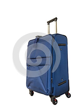 Isolated. Blue travel suitcase on wheels. Big bag for travel.