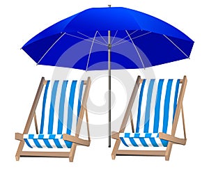 Isolated blue umbrella and two loungers on the background