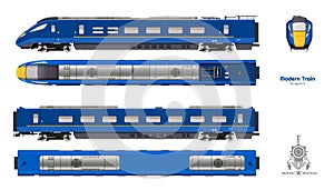 Isolated blueprint of blue modern train. Side, top and front views. Realistic 3d locomotive. Railway vehicle